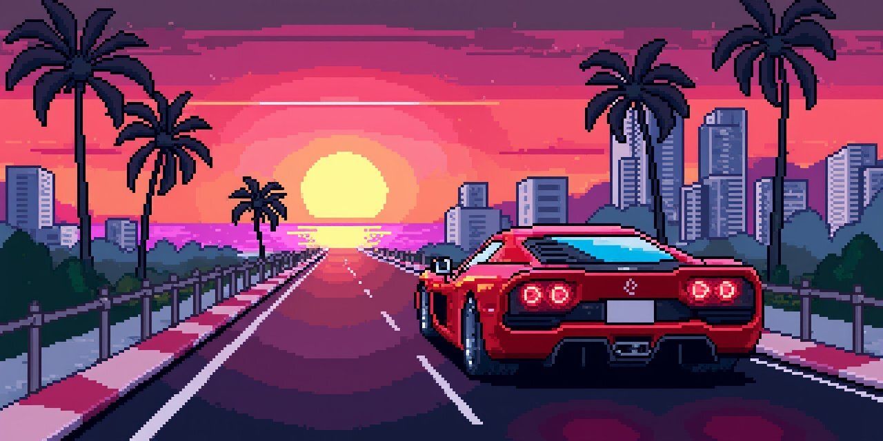 a red sports car on a futuristic highway with a sunset and city skyline in the background, styled in pixel art