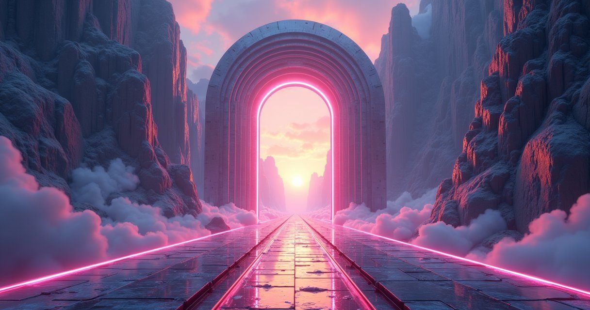 Futuristic neon archway over a glowing path leading into a sunset