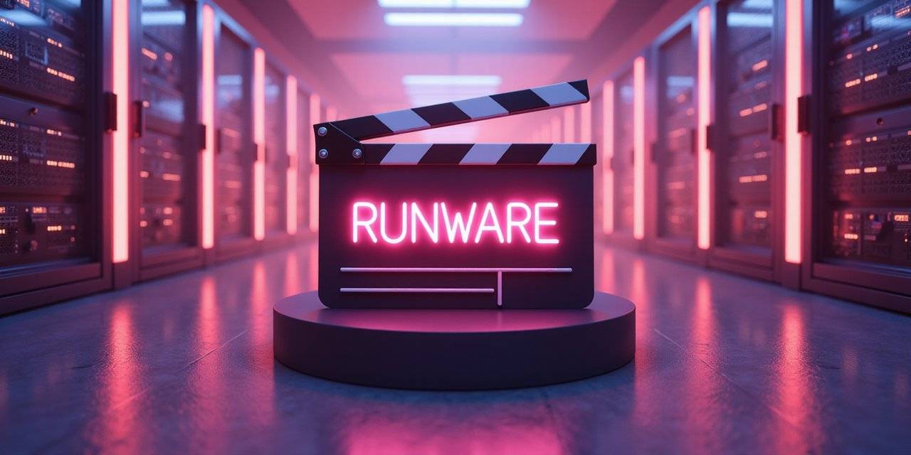 Neon-lit movie clapperboard with the word 'RUNWARE' in a futuristic server room
