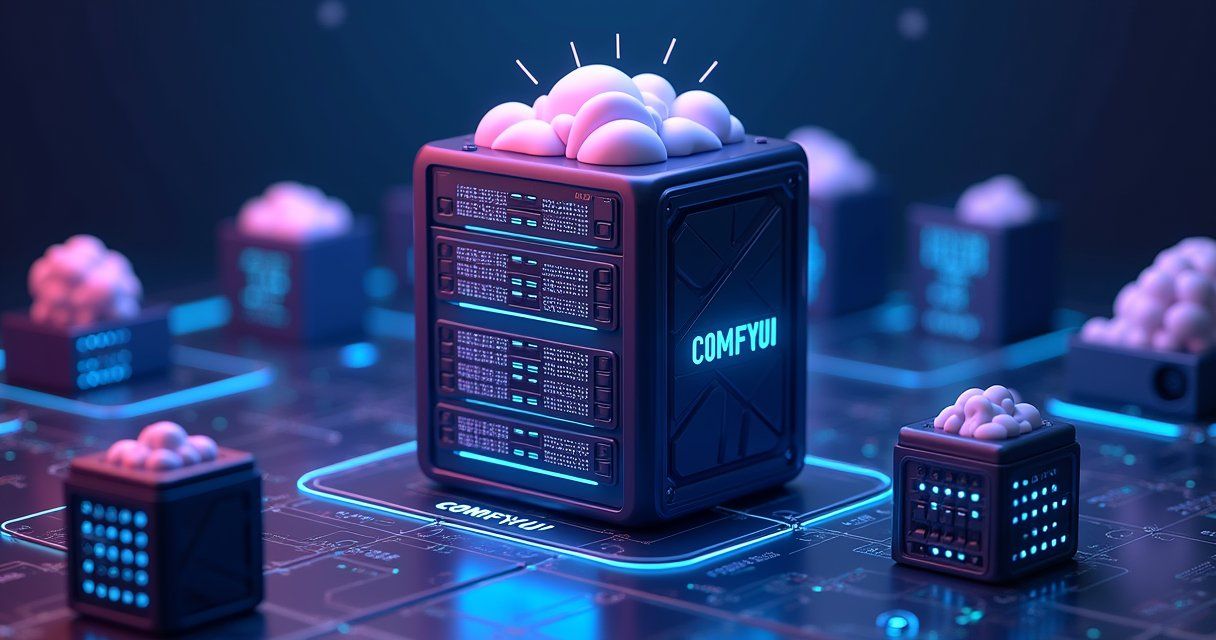 Futuristic server labeled 'COMFYUI' with glowing blue lights and a brain-like structure on top