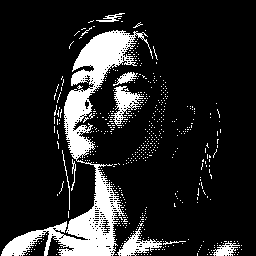 a black and white pixel art portrait of a woman with soft lighting and a contemplative expression