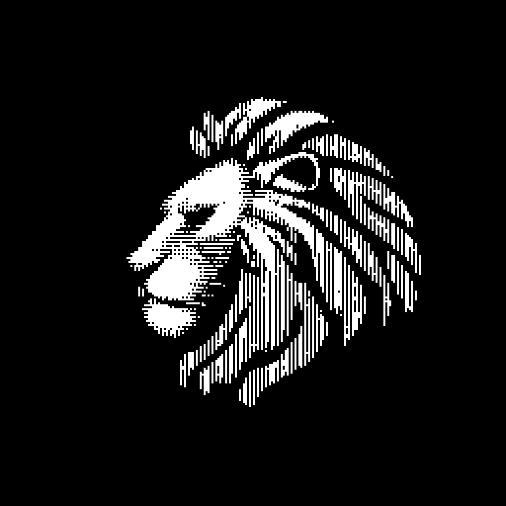 a black and white pixel art of a lion's head in profile, with stylized, flowing mane lines
