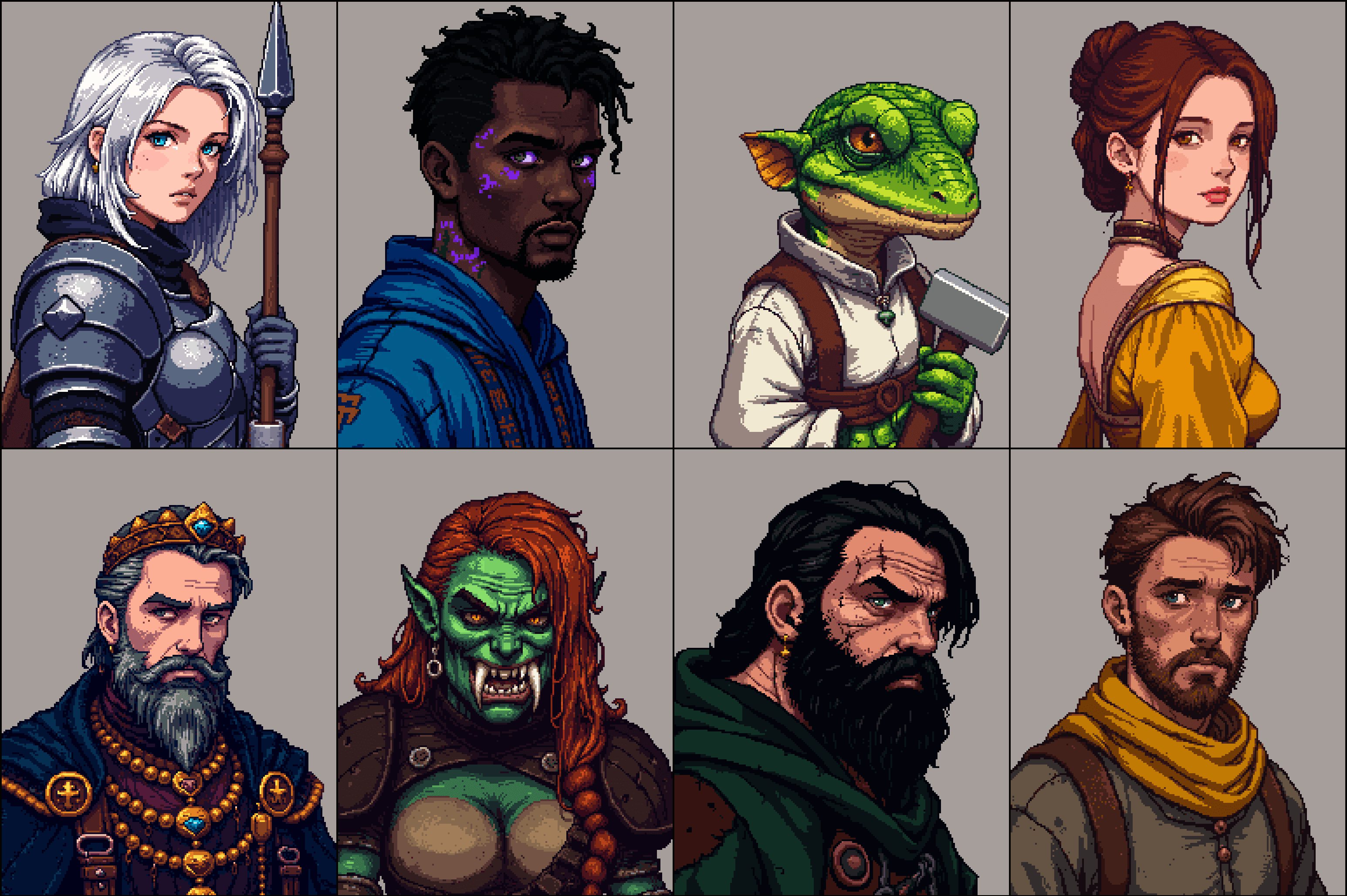 a grid of eight pixel art character portraits, including a knight, a mage, a lizard blacksmith, a noblewoman, a king, an orc warrior, a rugged ranger, and a young traveler