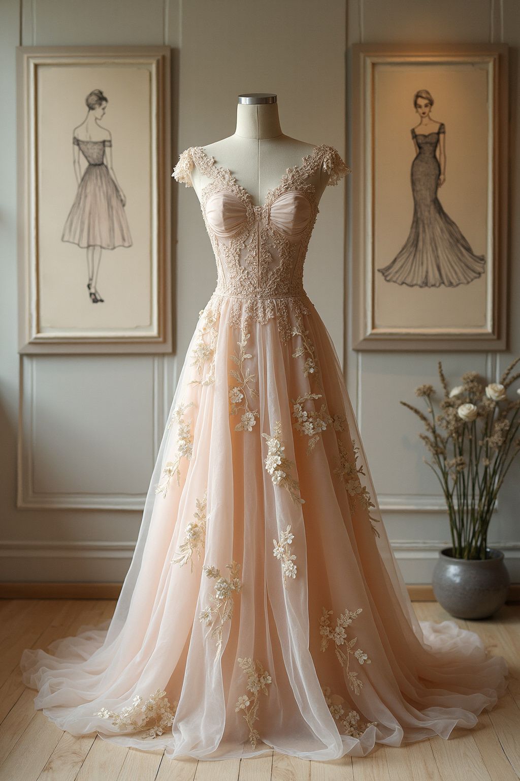 A virtual mannequin displaying a handcrafted floral gown with intricate lace details and flowing silk layers, set against a softly lit, textured backdrop with elegant fashion sketches pinned on the wall