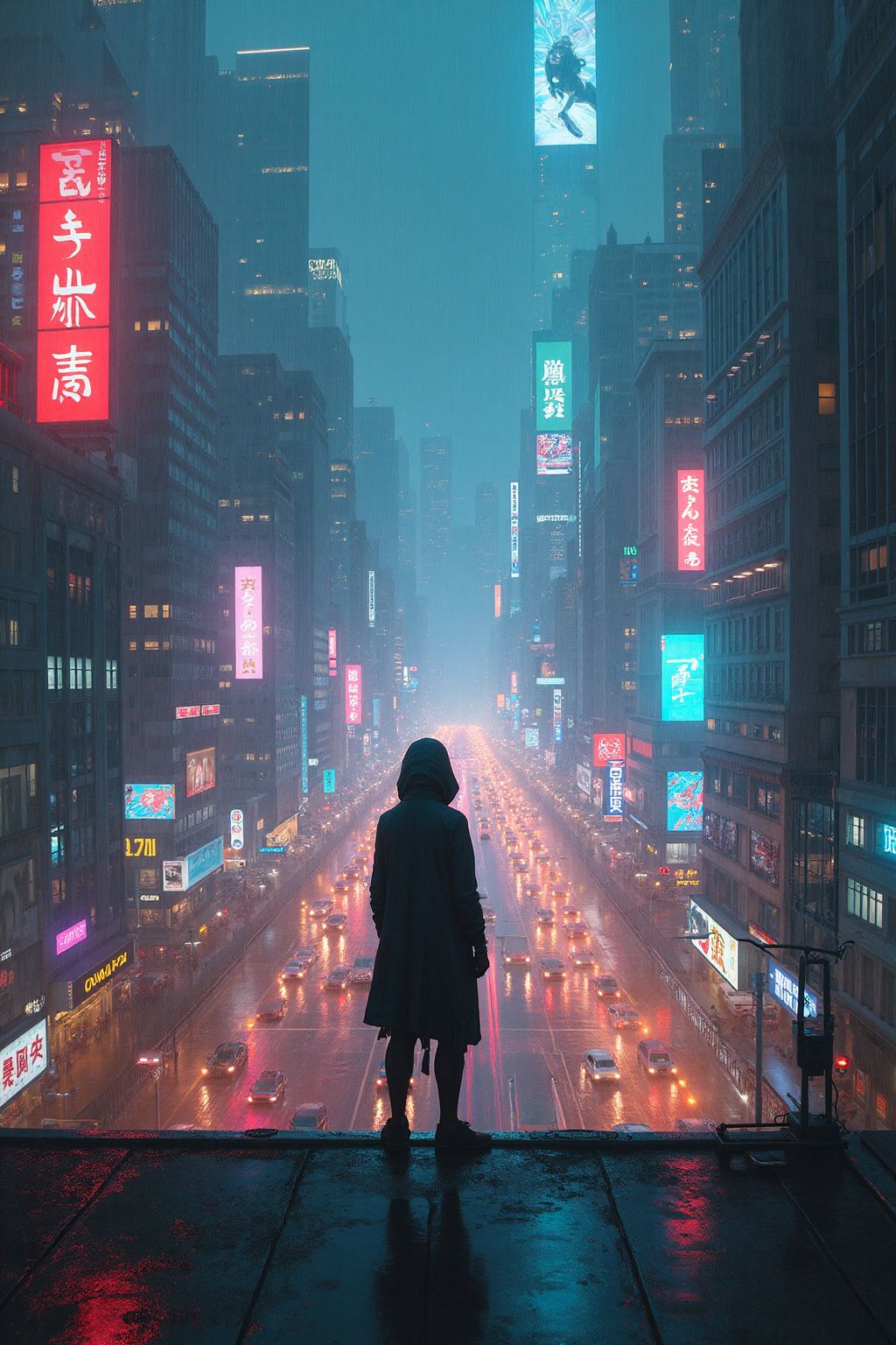 A sprawling neon-lit cyberpunk city at night, with rain-slicked streets reflecting vibrant holographic billboards, a lone hooded figure standing on a rooftop, gazing at flying vehicles zooming between towering skyscrapers