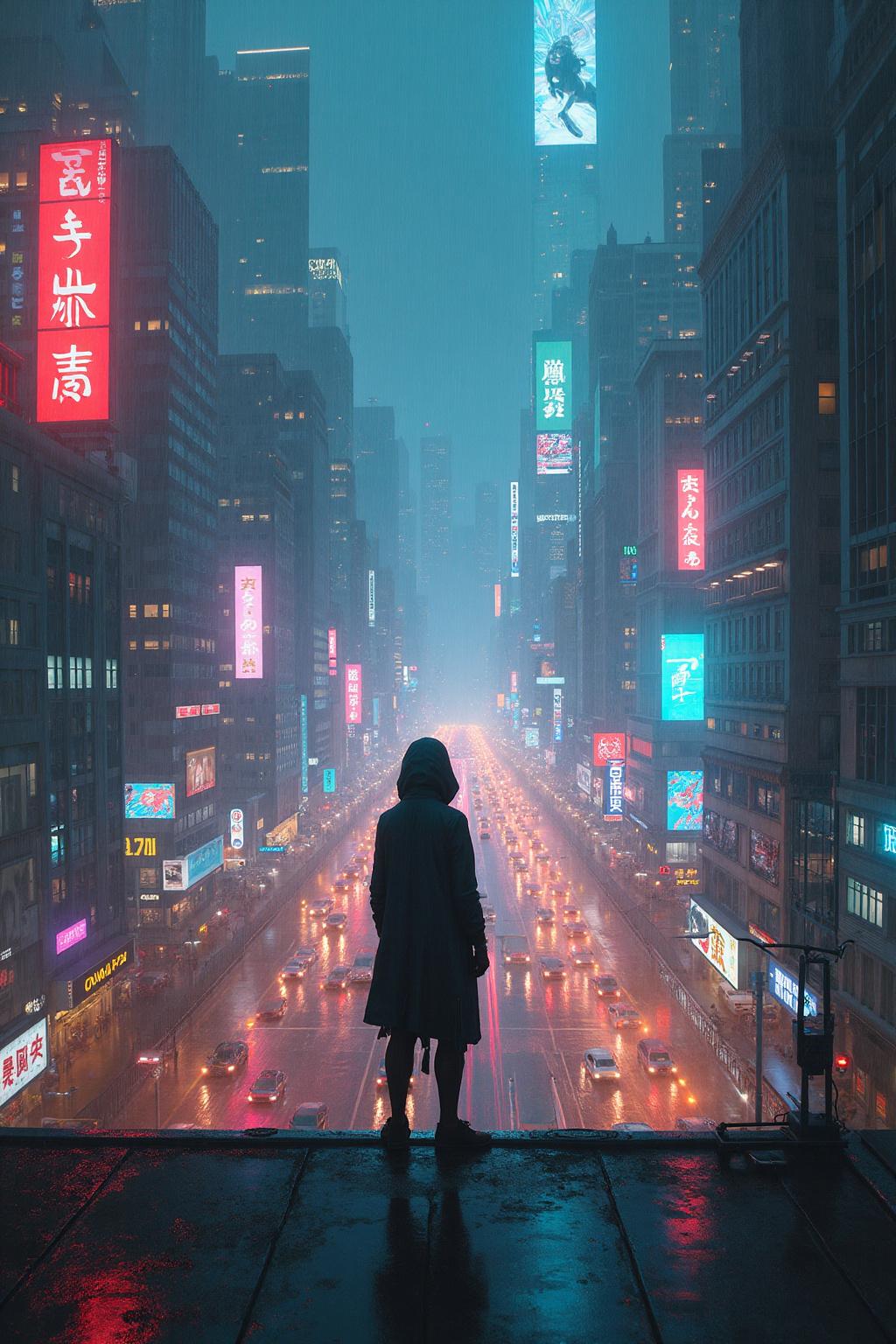 A sprawling neon-lit cyberpunk city at night, with rain-slicked streets reflecting vibrant holographic billboards, a lone hooded figure standing on a rooftop, gazing at flying vehicles zooming between towering skyscrapers