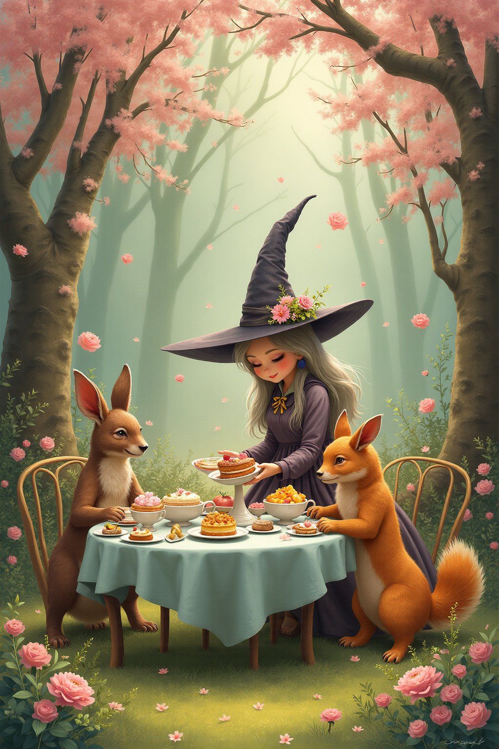 A garden tea party hosted by a kindly grandmother witch, where teacups sprout tiny flowering plants, pastries shaped like woodland creatures come to life and dance before being eaten, friendly forest animals serving as waiters, dappled sunlight through cherry blossoms, whimsical details, warm pastel palette