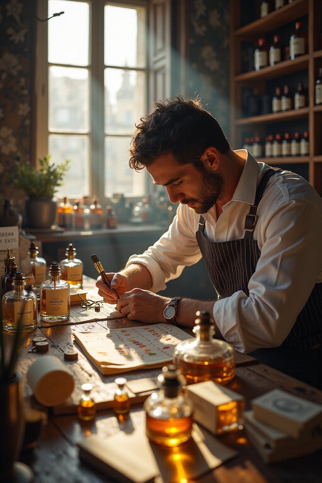 A master perfumer in their Parisian atelier surrounded by hundreds of labeled essential oil vials, carefully blending scents on blotting papers, with warm sunlight streaming through tall windows illuminating the concentrated expression on their face, detailed glass containers catching the light, shallow depth of field focusing on hands, hyperrealistic, natural lighting