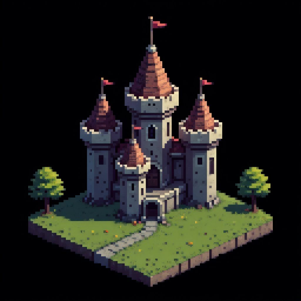 castle, isometric tile, gaming asset, pixel art, pixel_art_style, black background