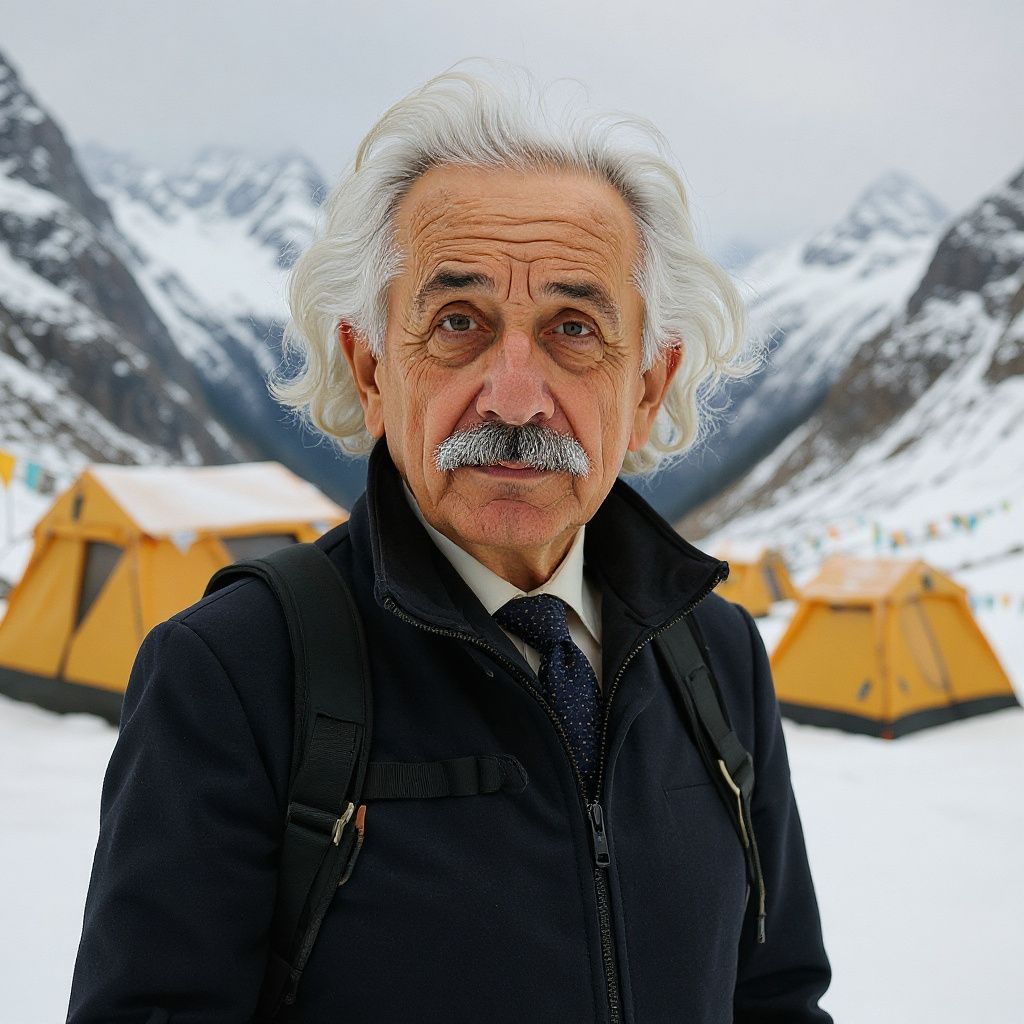Elderly man with a mustache standing outdoors in a snowy mountain camp, wearing a black jacket and backpack