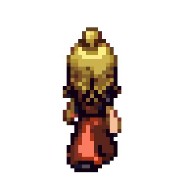 a pixel art animated character of a regal figure with long blond hair and a red outfit, walking