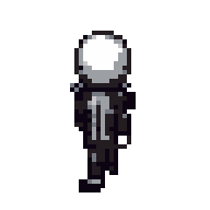 a pixel art animated character with a round, white head and a suit, walking with a mysterious aura