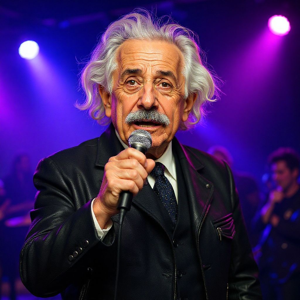 Older man in a suit singing into a microphone on stage, surrounded by purple concert lighting