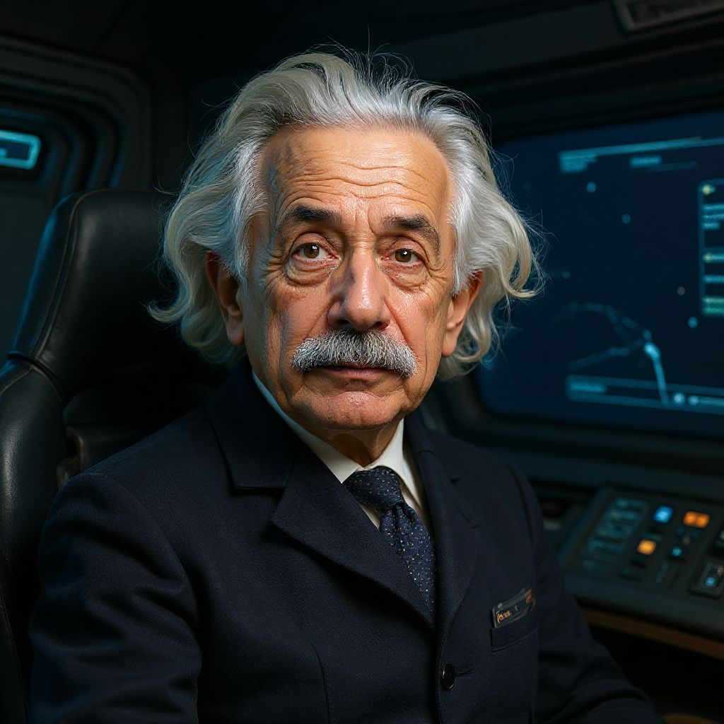 Elderly man in a high-tech control room, sitting in a captain's chair in front of digital displays