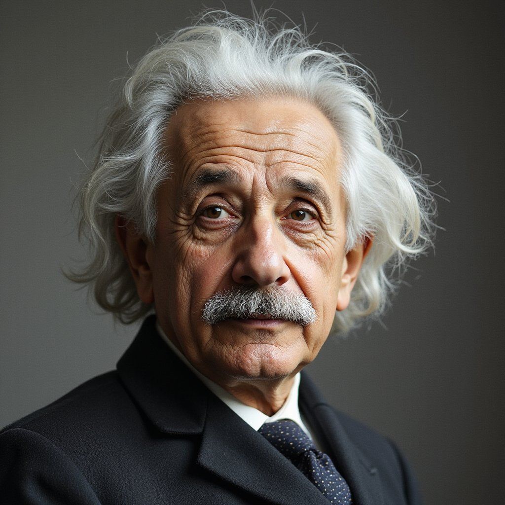 Elderly man with white, tousled hair and a mustache wearing a black suit and tie, posing for a serious portrait against a neutral background