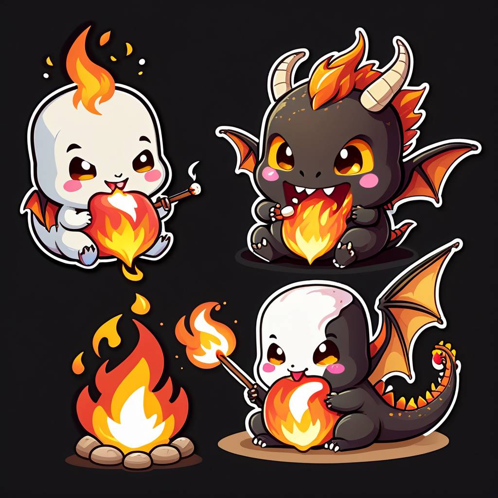 chibi dragon roasting a marshmallow with its tiny flame breath