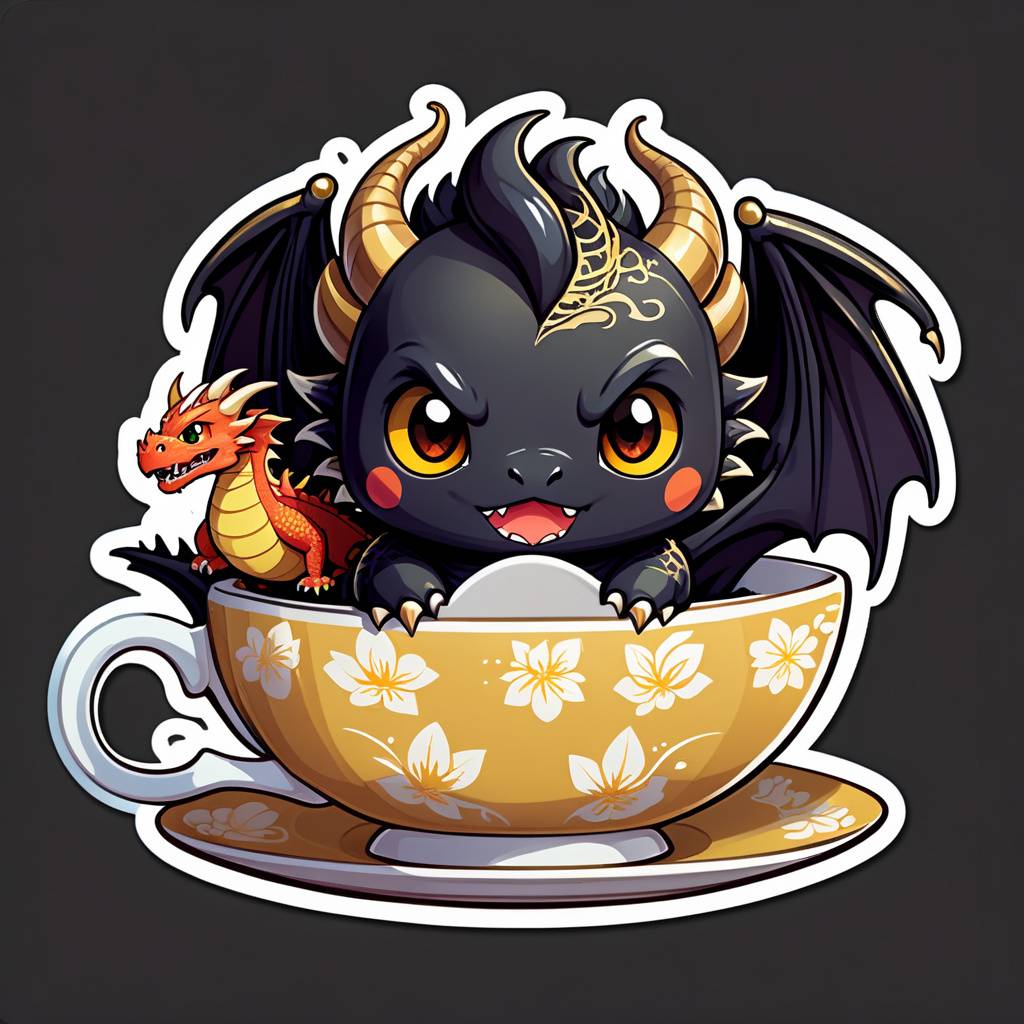 chibi dragon sitting inside a giant teacup, looking surprised