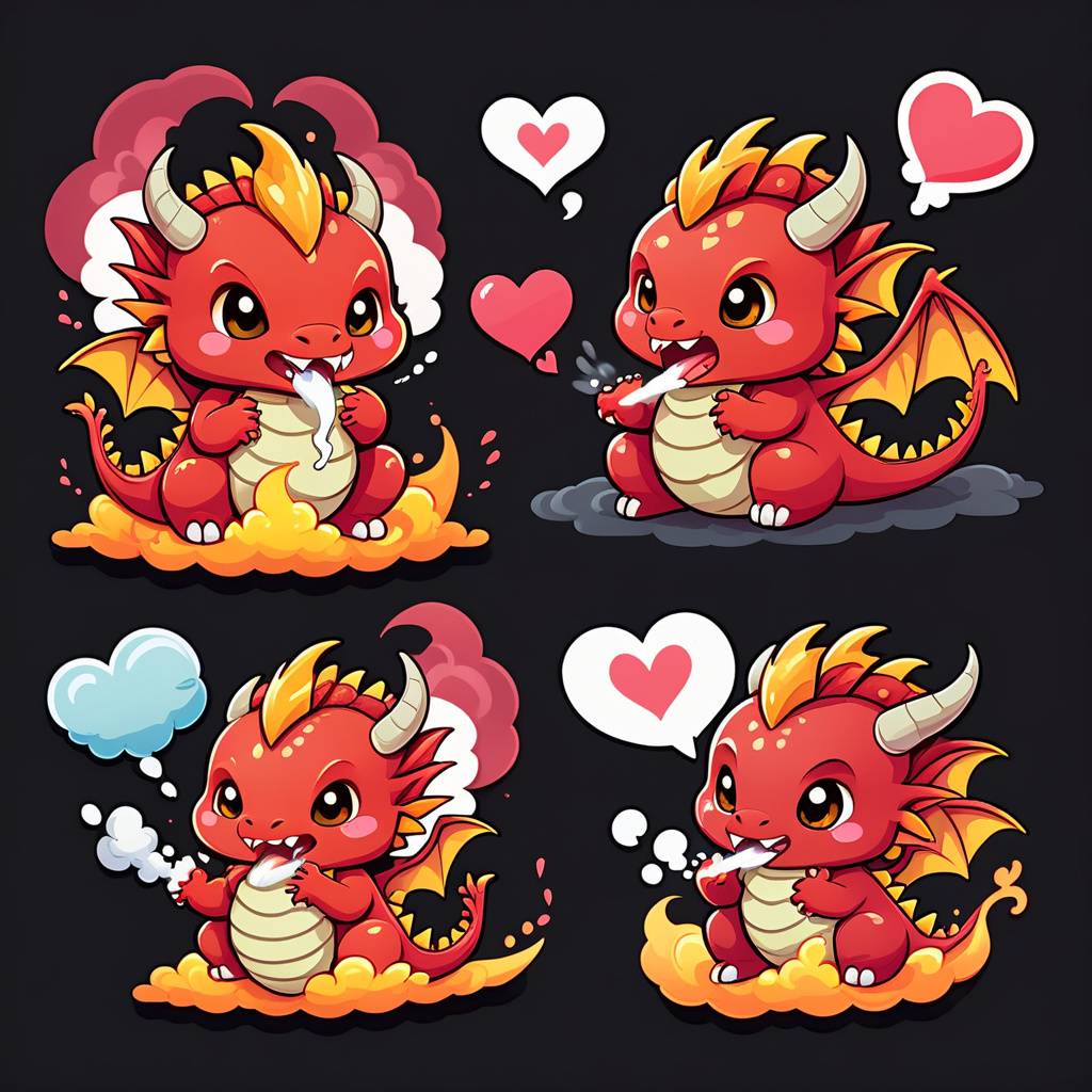 chibi dragon blowing heart-shaped smoke puffs