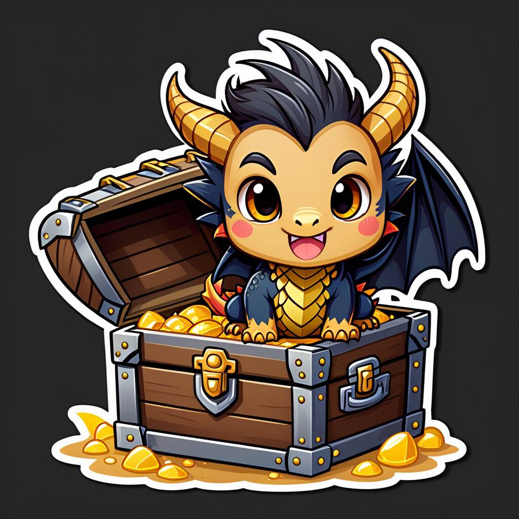 chibi dragon peeking out from behind a treasure chest