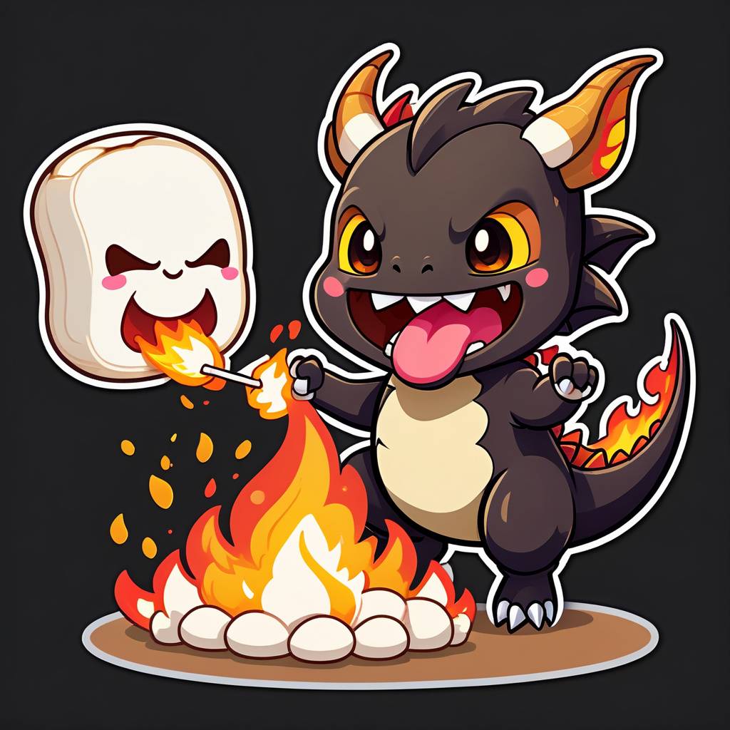 chibi dragon roasting a marshmallow with its tiny flame breath