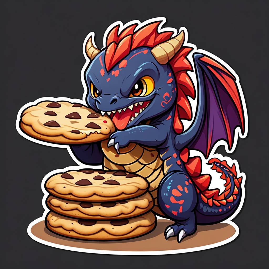 chibi dragon munching on a giant cookie