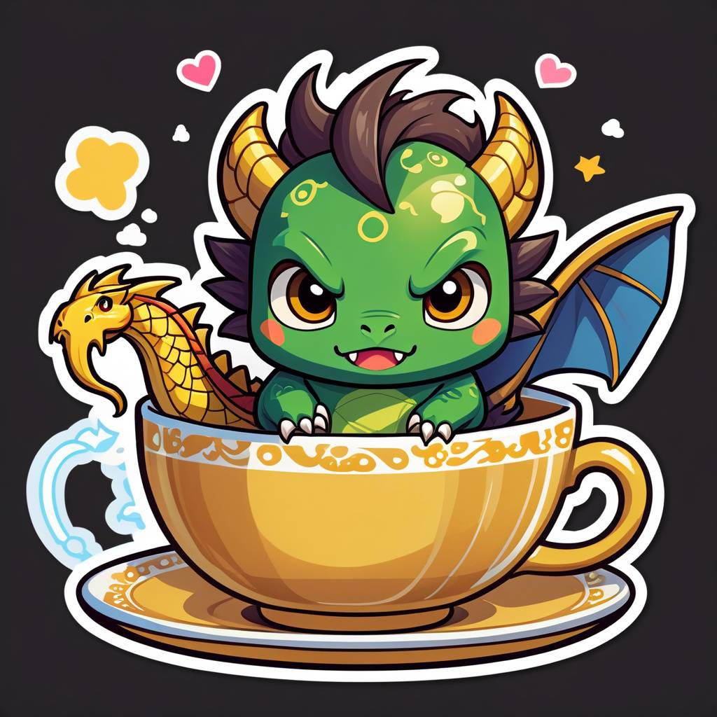 chibi dragon sitting inside a giant teacup, looking surprised