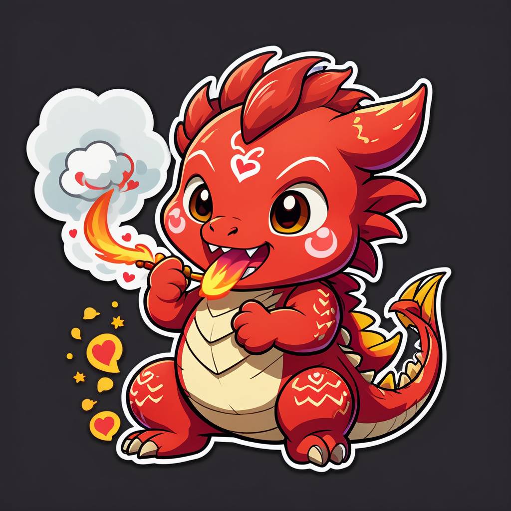 chibi dragon blowing heart-shaped smoke puffs