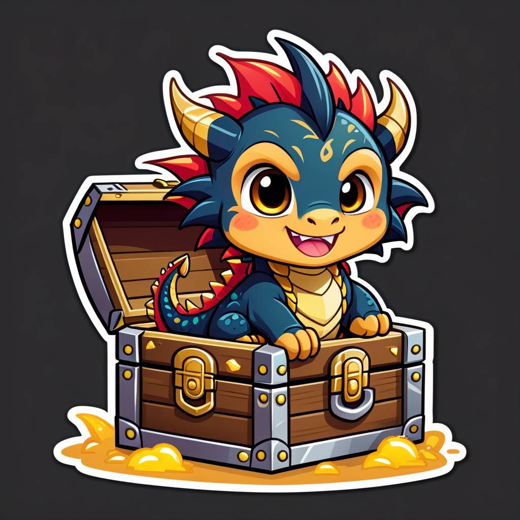 chibi dragon peeking out from behind a treasure chest