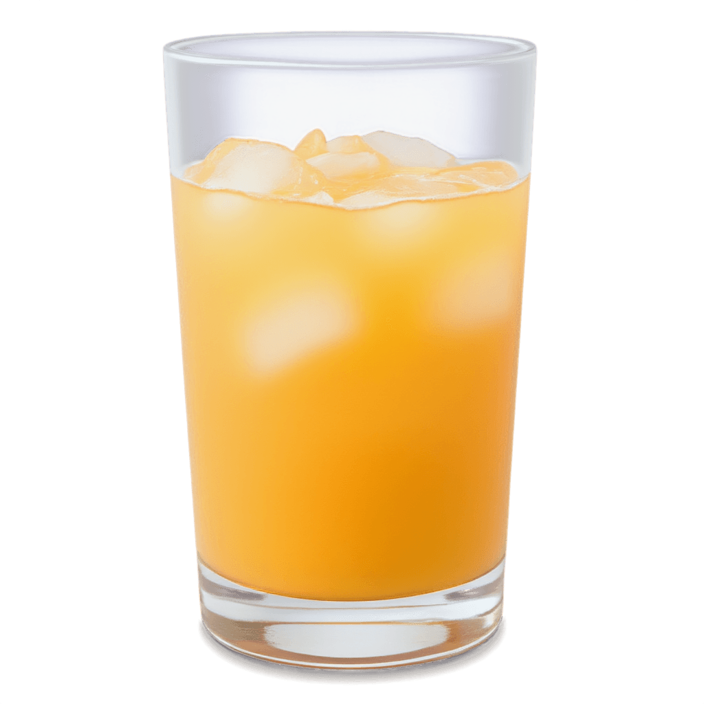 glass of orange juice with ice cubes, transparent glass