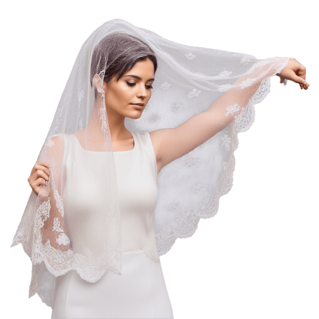 person holding a lace scarf, semi-transparent fabric