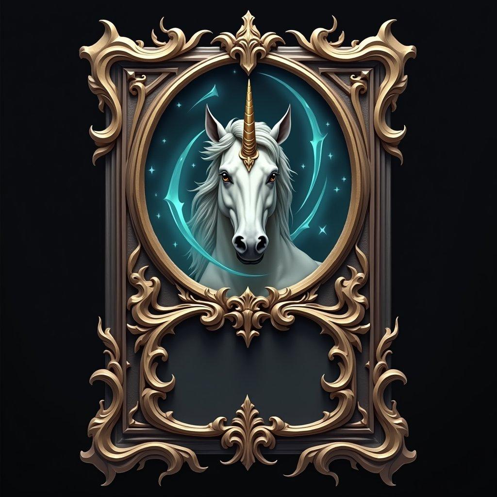 unicorn, trading card with fantasy artwork, ornate frame, gaming asset, black background