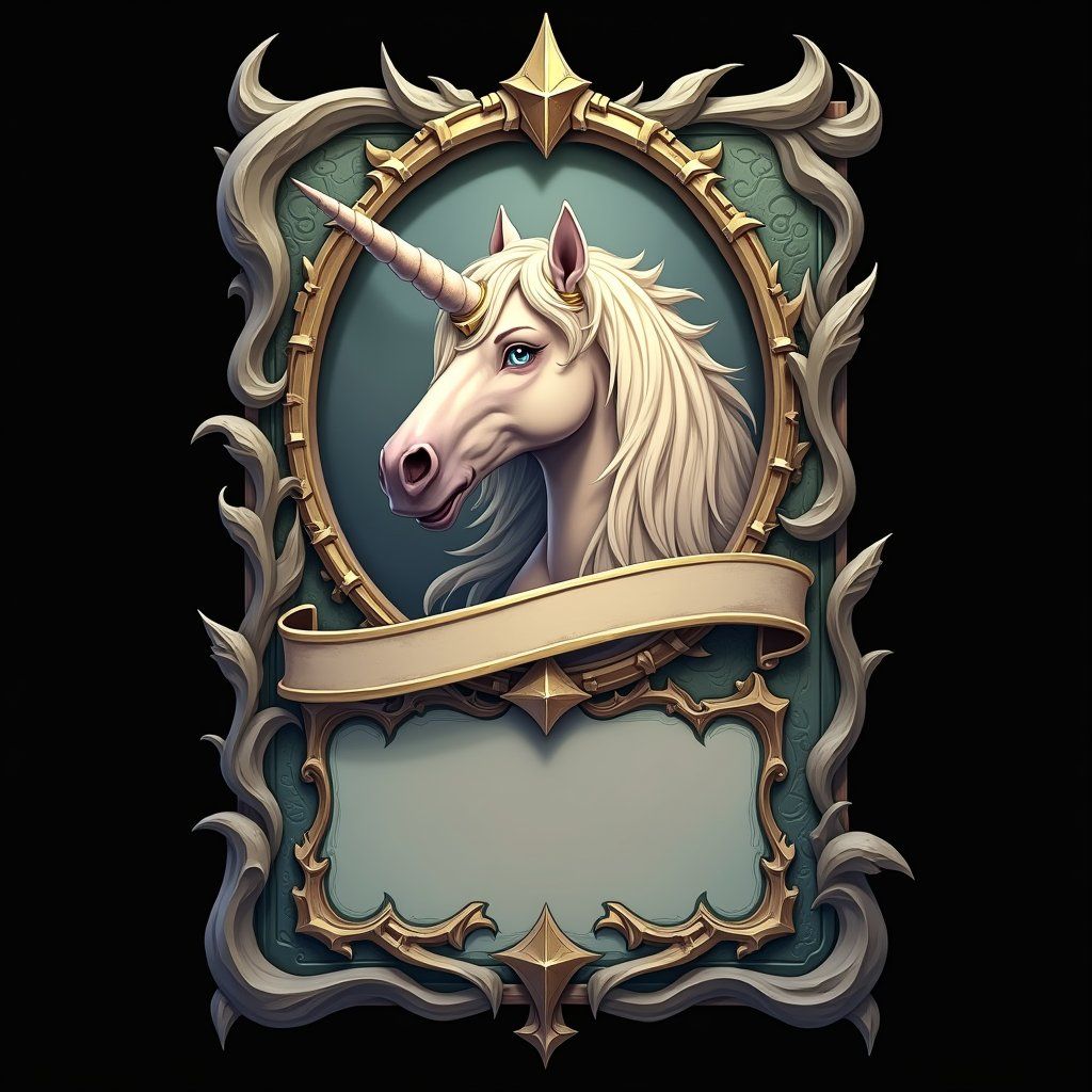 unicorn, trading card with fantasy artwork, ornate frame, gaming asset, black background