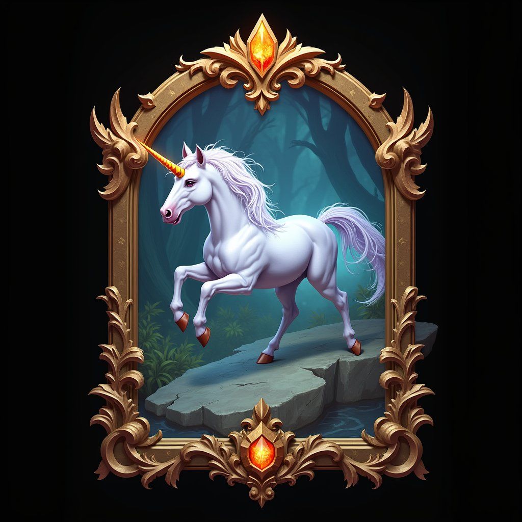 unicorn, trading card with fantasy artwork, ornate frame, gaming asset, black background