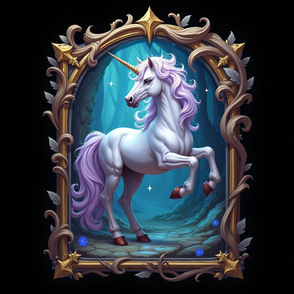 unicorn, trading card with fantasy artwork, ornate frame, gaming asset, black background
