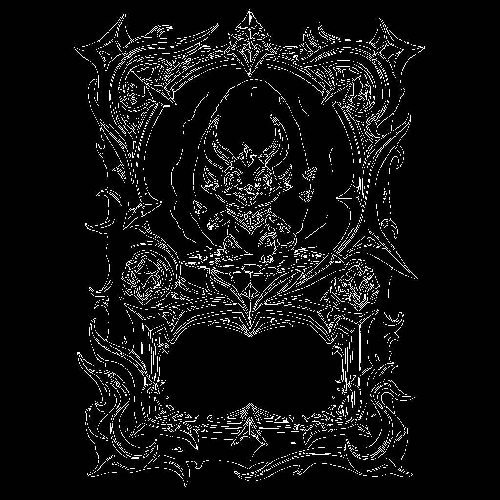 canny image of trading card with fantasy artwork, ornate frame, gaming asset, black background