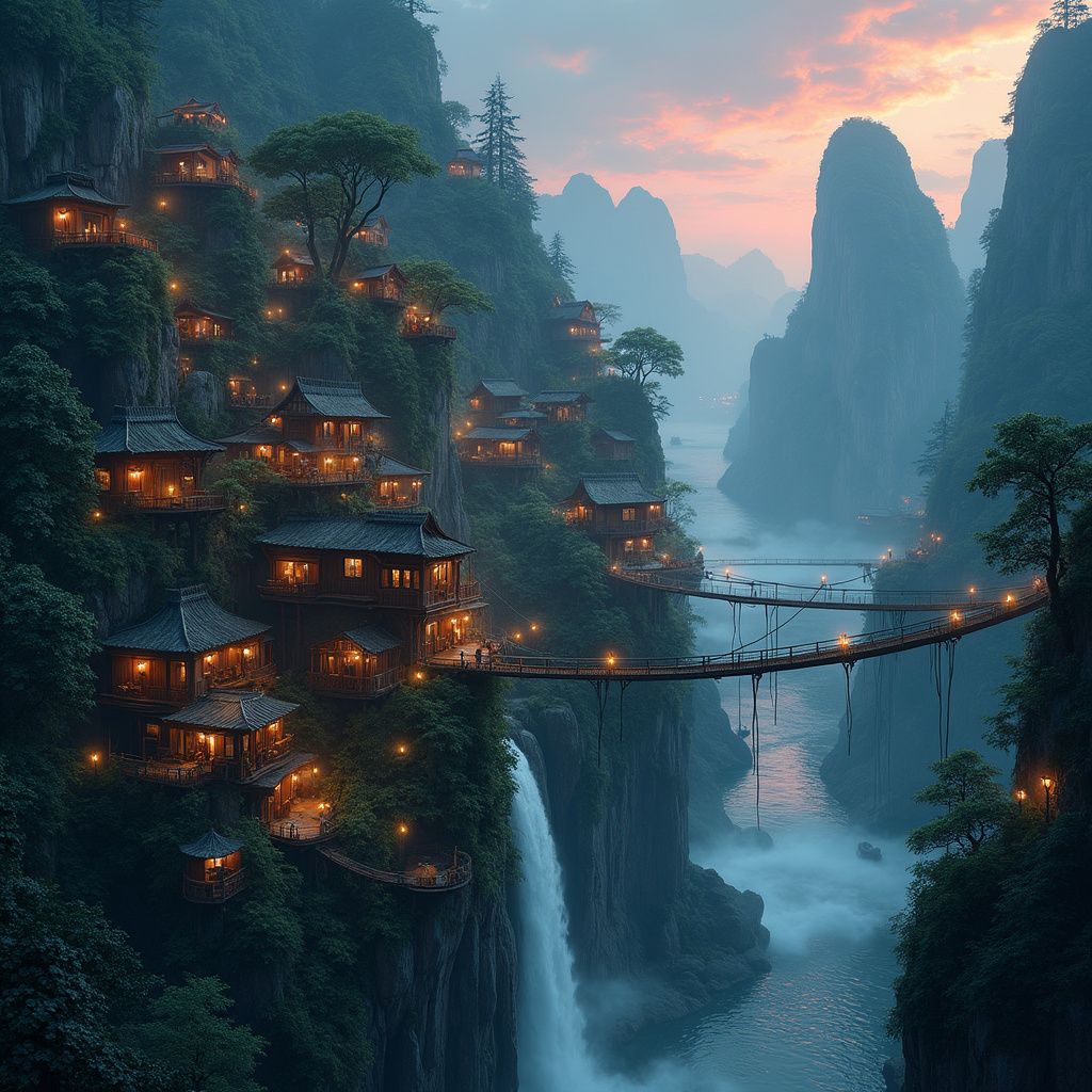 A network of wooden homes, bridges, and terraces c…g the village feel both precarious and enchanting