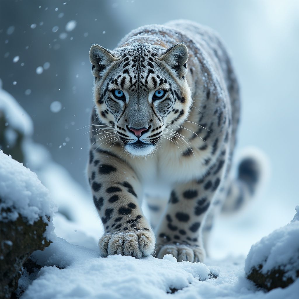 A majestic snow leopard prowls across an icy ridge…elegant, capturing the untamed beauty of the wild