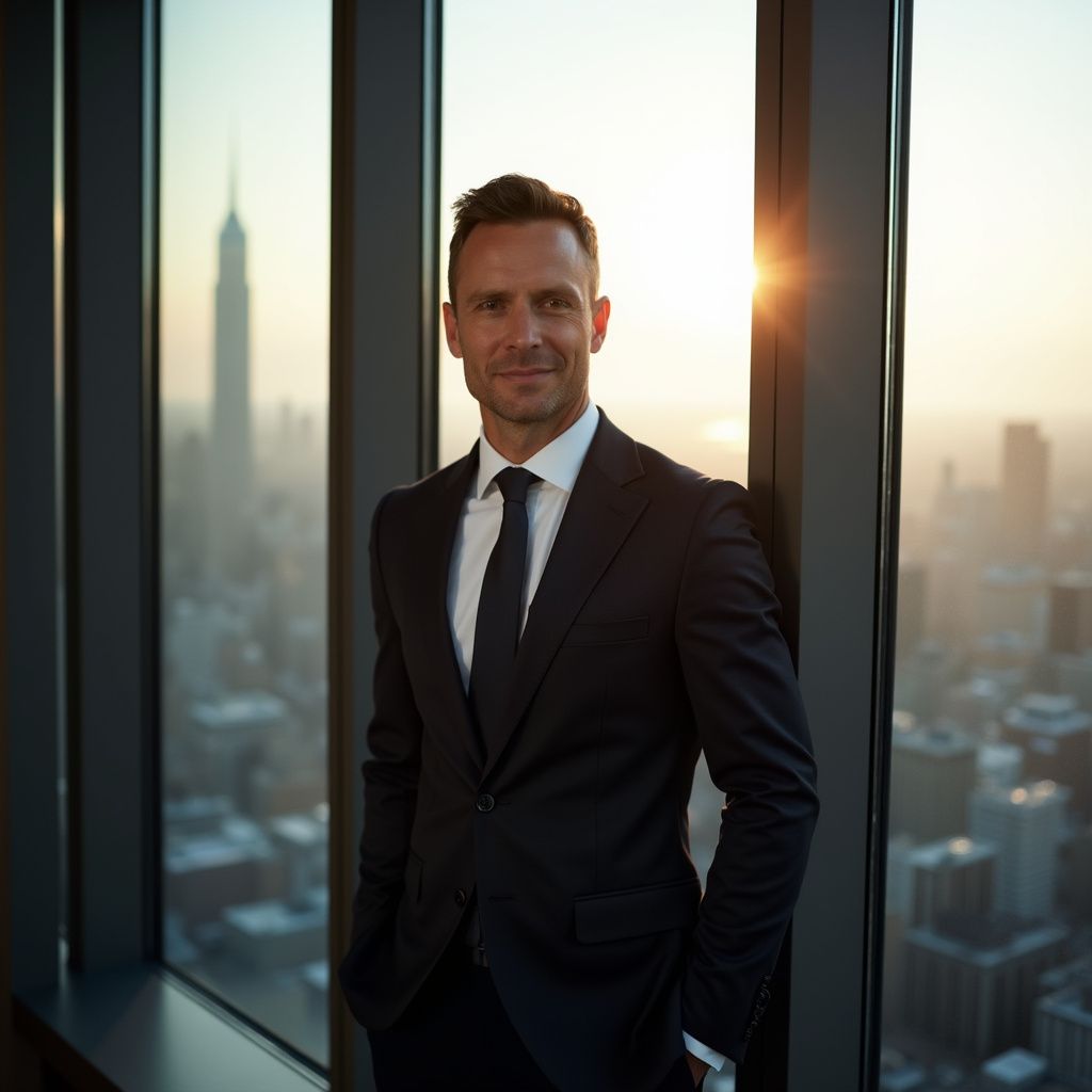 A confident business leader stands against a floor-to-ceiling window, the sprawling cityscape behind them glowing in the early morning light. They wear a sharp tailored suit, hands in pockets, eyes locked forward with determination. The lighting is dramatic, casting a soft glow over their face while keeping the background slightly blurred