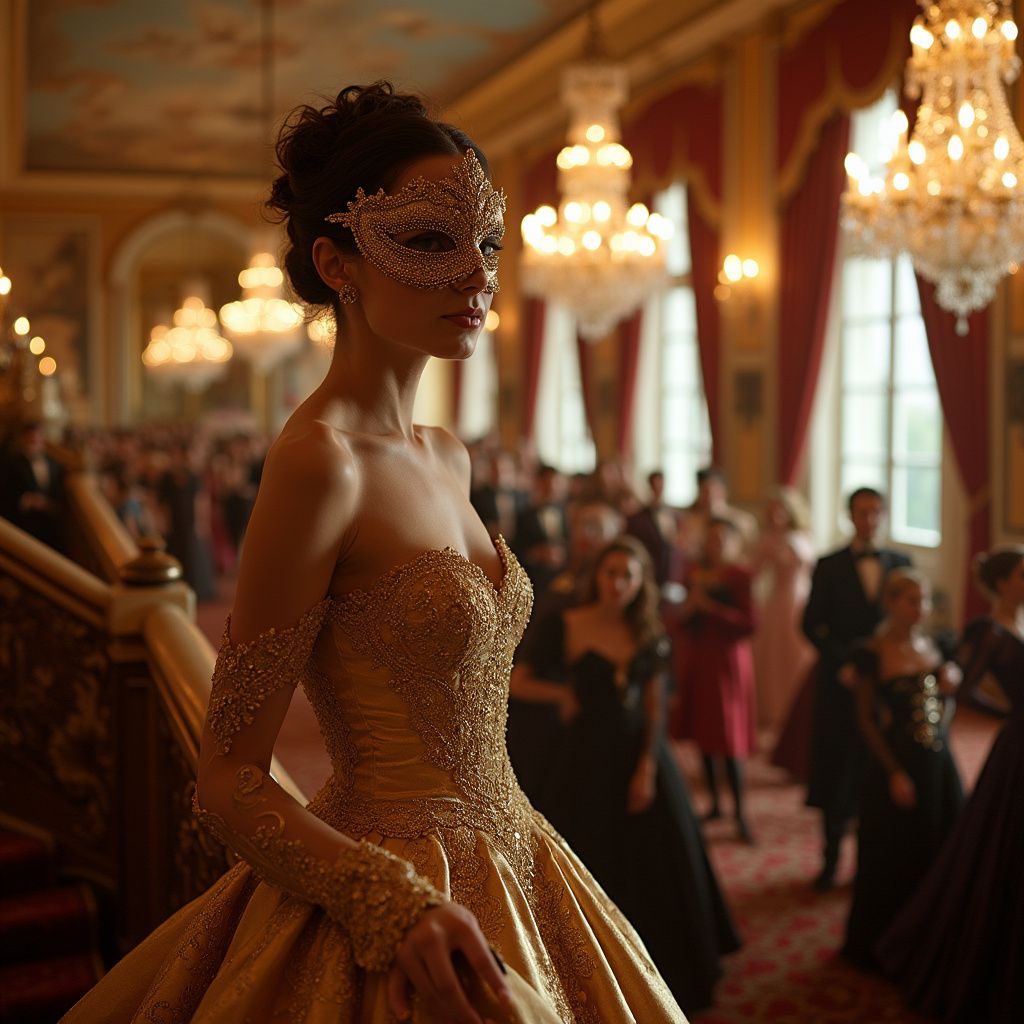 A woman in an opulent, gold-embroidered gown stands poised at the top of a grand staircase, chandeliers reflecting in her bejeweled mask. The ballroom below is filled with masked dancers in rich velvets and silks, their laughter echoing against the frescoed ceiling. The air shimmers with the glow of candlelight, evoking a sense of luxury and intrigue