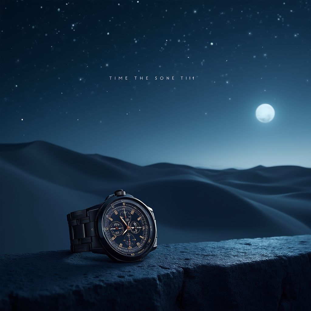 A sleek, high-end watch rests on a stone ledge und…Time, Beyond Boundaries,' appears elegantly above