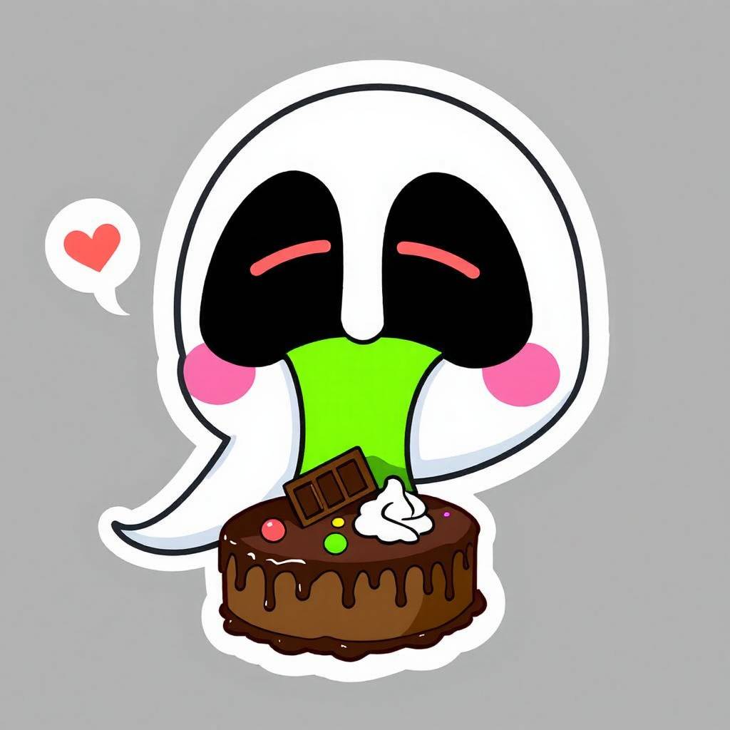 chibi ghost eating a chocolate cake