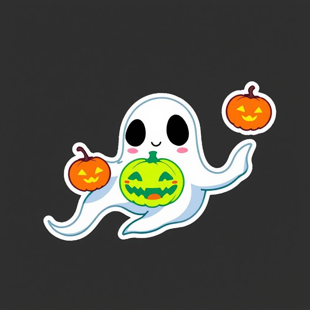 chibi ghost floating while holding a pumpkin lantern