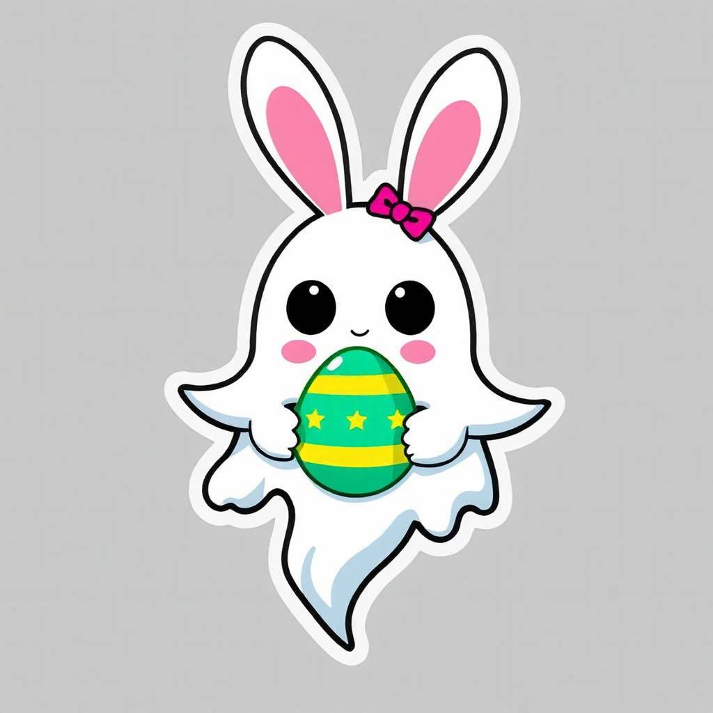 chibi ghost wearing bunny ears and holding a tiny Easter egg