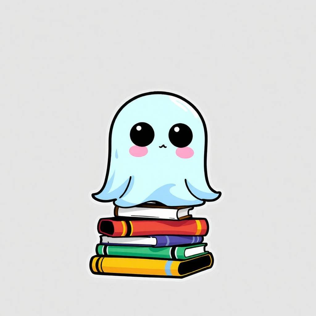 chibi ghost sitting on a stack of books, deep in thought