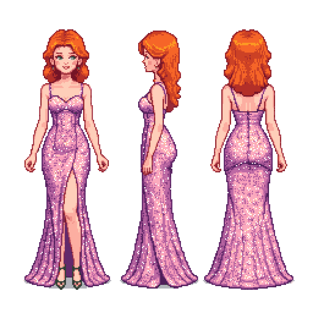 a pixel art character in a glamorous dress shown from front, side, and back views, with sparkling details