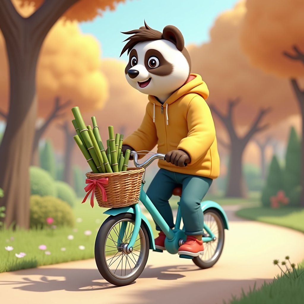 Anthropomorphic panda character riding a bike through a bright forest path, wearing a yellow hoodie and carrying bamboo in a basket with a red bow
