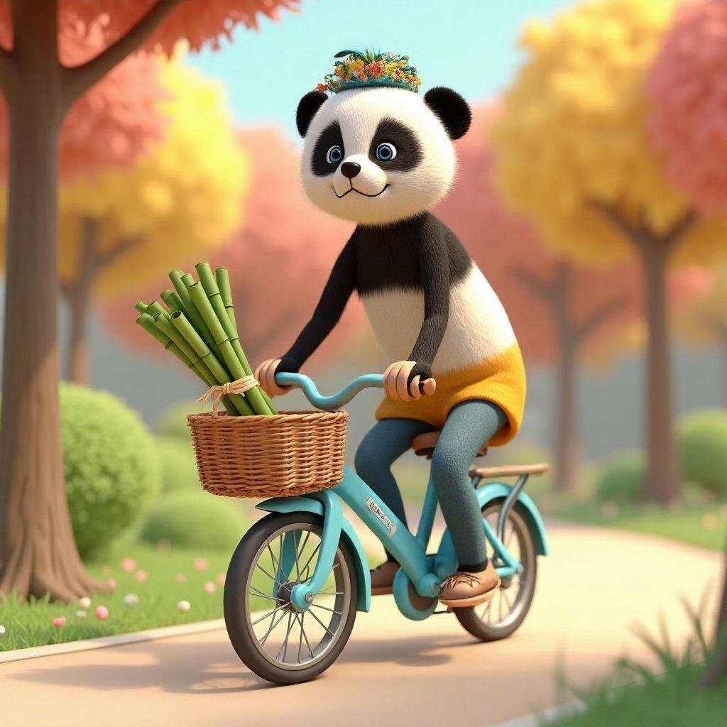 Anthropomorphic panda character riding a bike through a bright forest path, wearing a yellow hoodie and carrying bamboo in a basket with a red bow