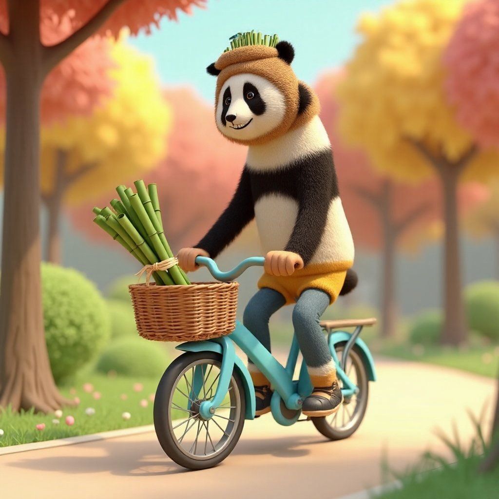 Anthropomorphic panda character riding a bike through a bright forest path, wearing a yellow hoodie and carrying bamboo in a basket with a red bow