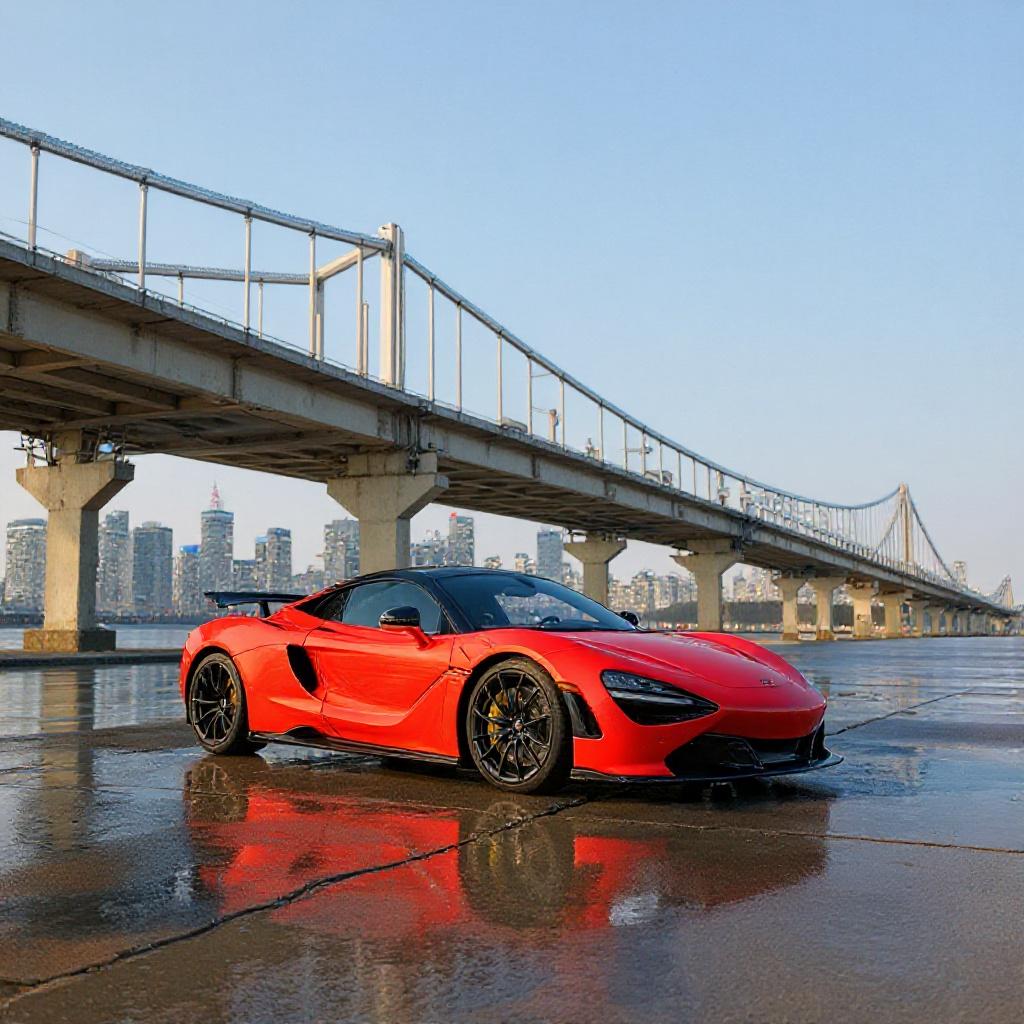 Silver sports car during daylight under a large bridge, with a clear sky and cityscape in the distance
