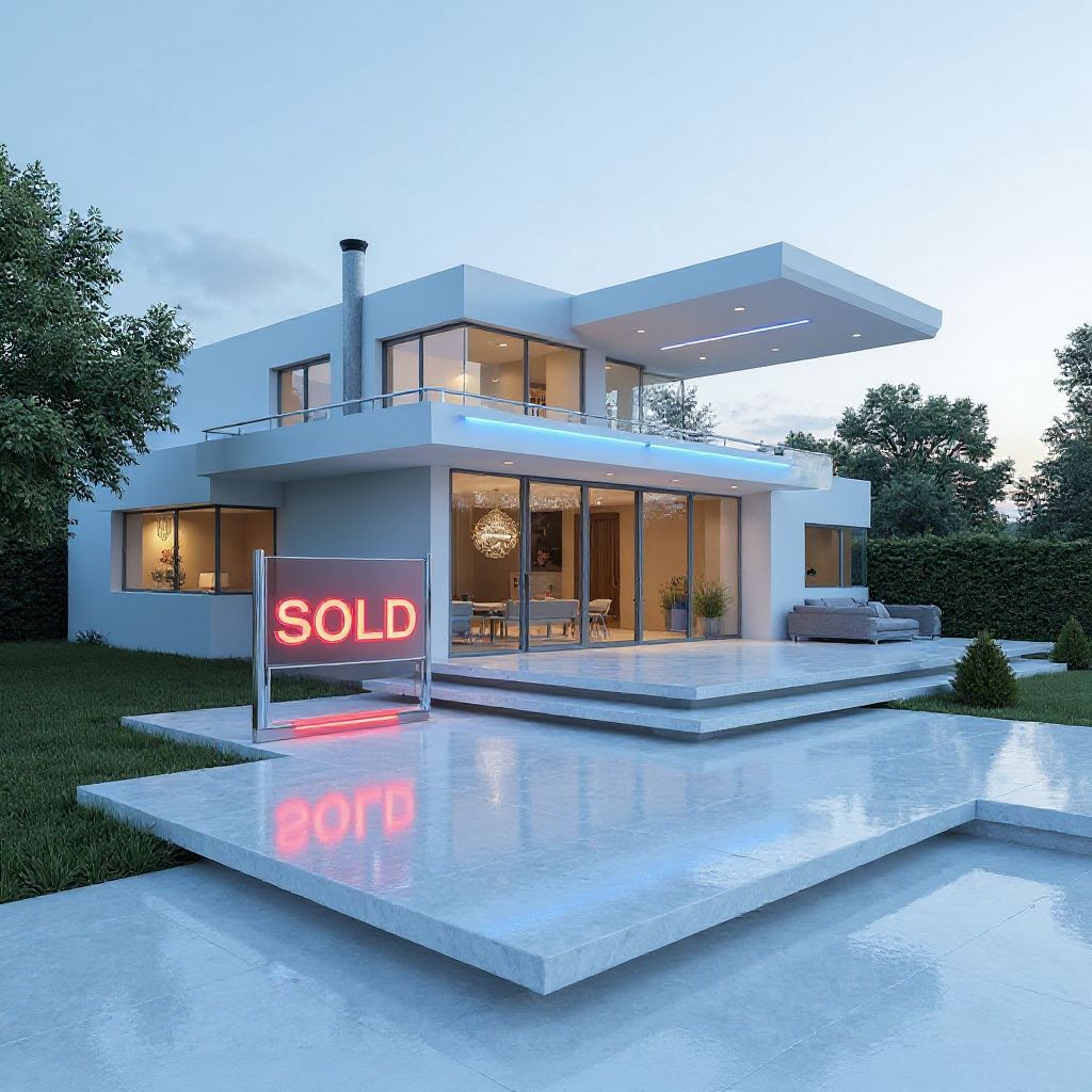 Same modern house with a neon 'SOLD' sign in front, indicating the property has been purchased, during early evening light